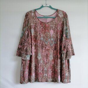 Catherines Women's Multicolor Bell Sleeve Scoop Neck Lace Paisley Tunic Top 1X